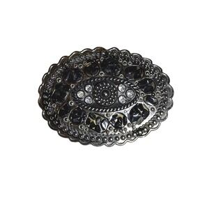 Western Oval Rhinestone Belt Buckle Silver Tone Black Embellished Western‎